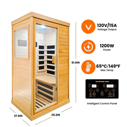 Single-Person Infrared Sauna | Hemlock Wood, 6 Heating Plates, Bluetooth & Color Lights