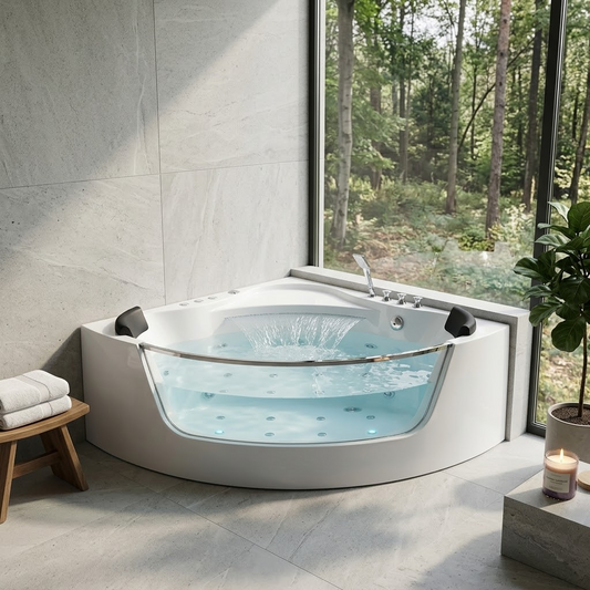 59" Corner Whirlpool Bathtub – 2-Person Hydro Massage Tub with Jets & LED Lighting