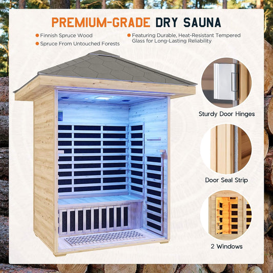 Thermora Zurich 3-Person Outdoor Infrared Sauna | Low EMF, Spruce Wood, Bluetooth & LED