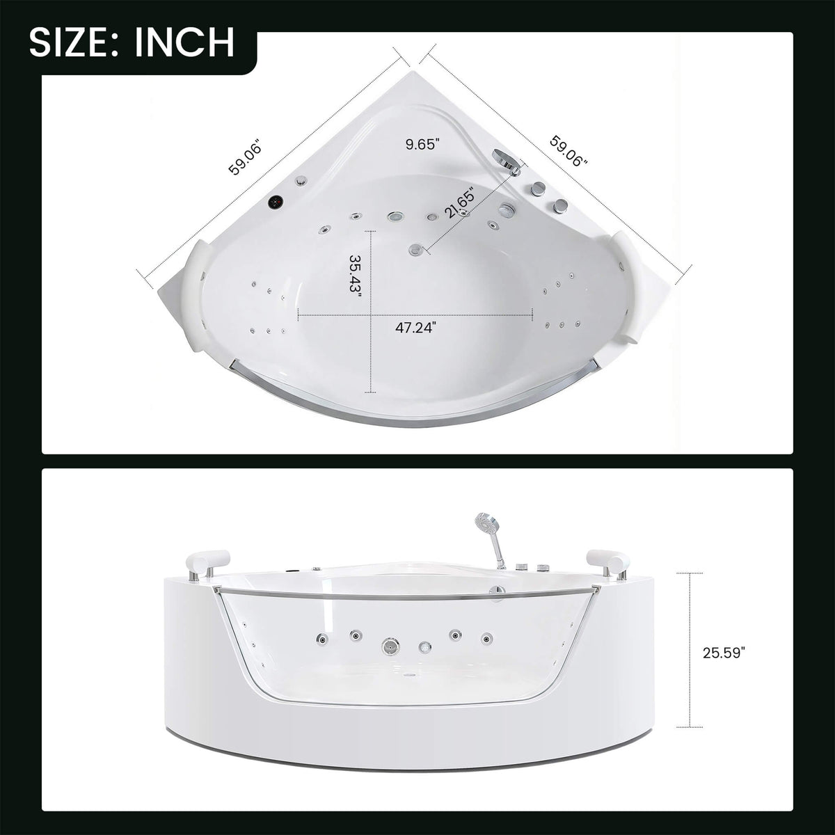 Serenity 59-Inch 2-Person Corner Whirlpool Bathtub with Heater & Rainbow Light