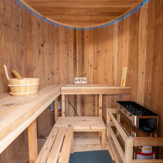 Thermora Barcelona 4-Person Cedar Wood Outdoor Barrel Sauna | 6KW Heater, LED Lights & Stones