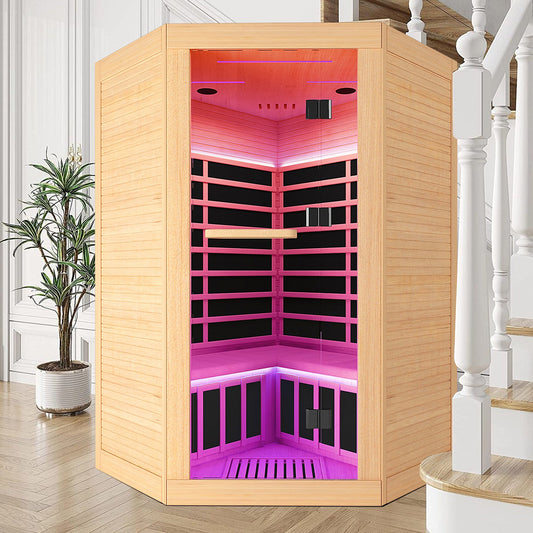 Canadian Hemlock Pentagonal Two-Person Indoor Sauna with Multiple Lighting Options