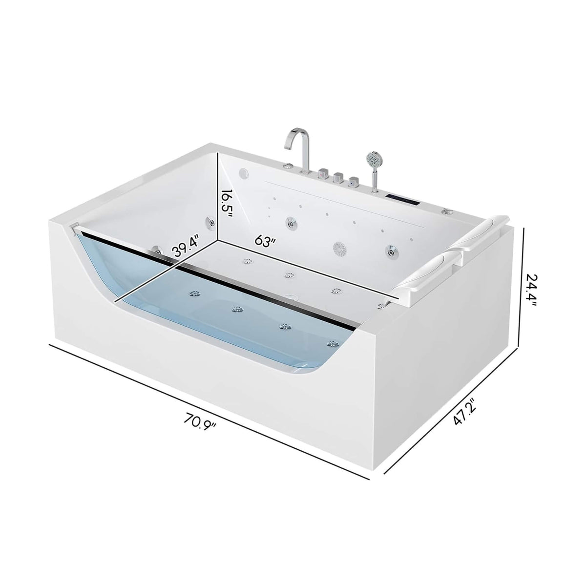 Novara 71" 2-Person Jetted Whirlpool Tub | Hydro Massage & Thermostat Control
