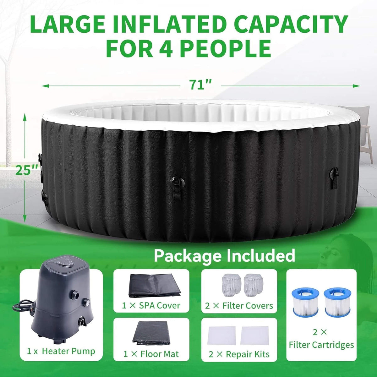 4-Person Inflatable Hot Tub with 8-Color LED Lights