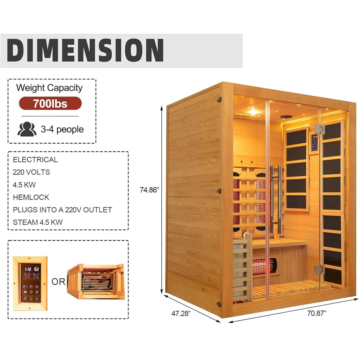 Rövia Aurora 3-Person Indoor Hybrid Sauna | Infrared + 4.5kW Steam, Canadian Hemlock