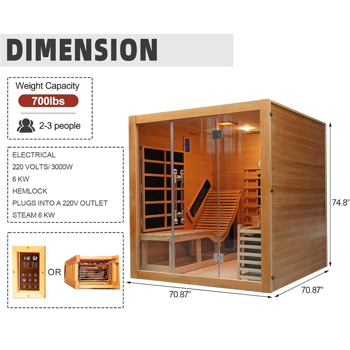 Rövia Oasis 3-Person Indoor Hybrid Sauna Room | Far-Infrared & Steam, Canadian Hemlock