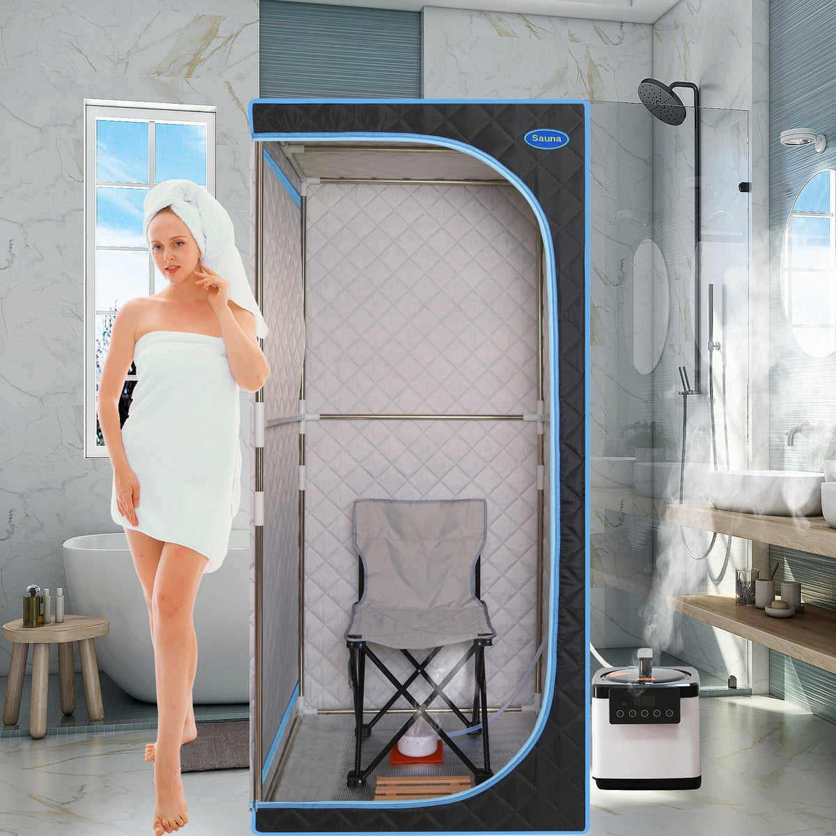 Portable Plus Full-Size Steam Sauna Tent, Black with Blue Trim