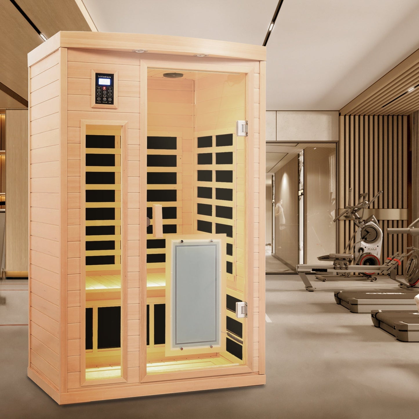 Low EMF, There is also a heating plate on the glass door, Hemlock wood Far-infrared indoor Two person sauna room