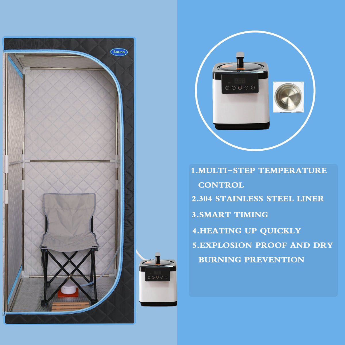 Portable Plus Full-Size Steam Sauna Tent, Black with Blue Trim