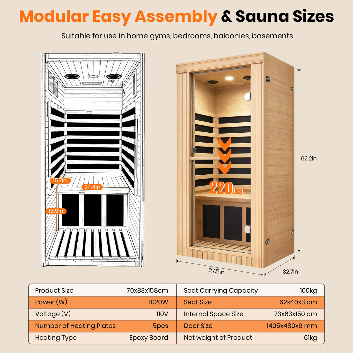 Canadian Hemlock Single-Person Far Infrared Sauna, 1020W