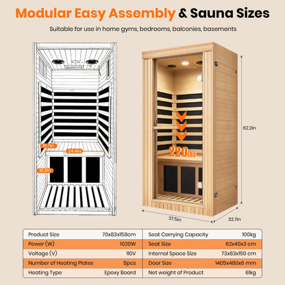 Canadian Hemlock Single-Person Far Infrared Sauna, 1020W
