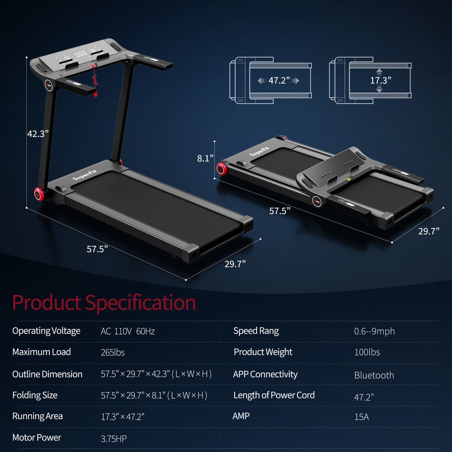 3.75HP Folding Treadmill with App Control and 12 Preset Programs