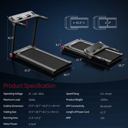 3.75HP Folding Treadmill with App Control and 12 Preset Programs