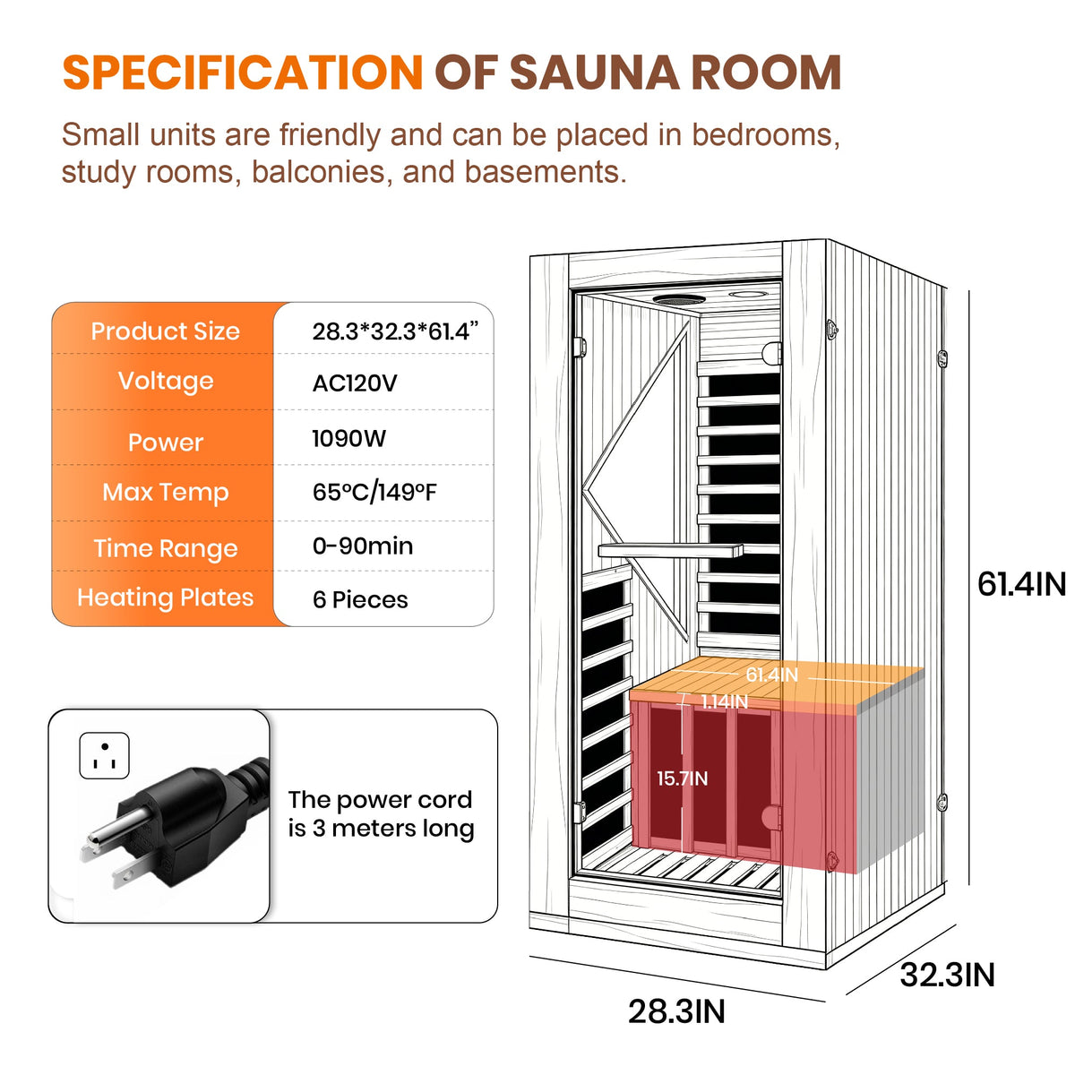 1090W Indoor Pine Sauna with Six Heating Plates