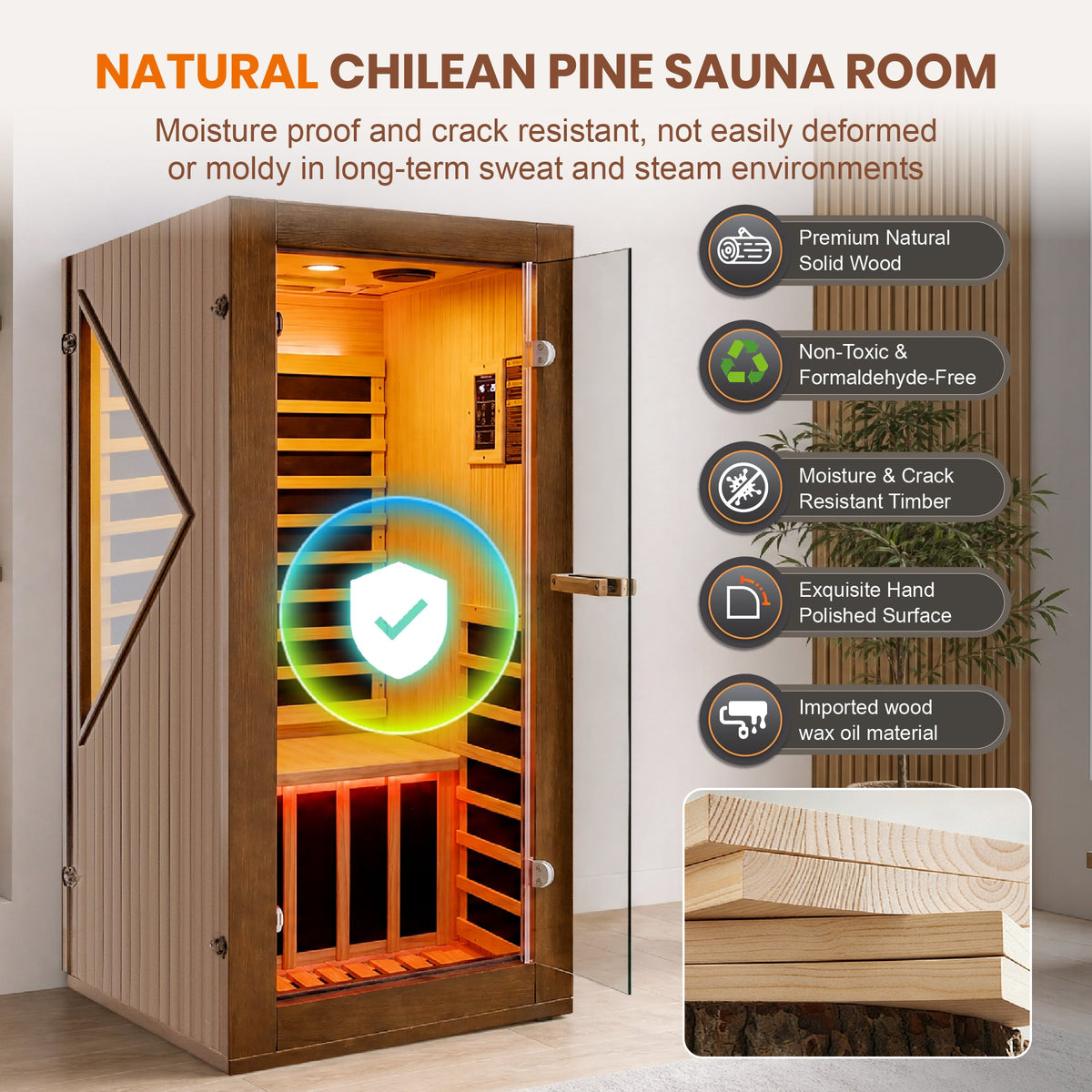 1090W Indoor Pine Sauna with Six Heating Plates