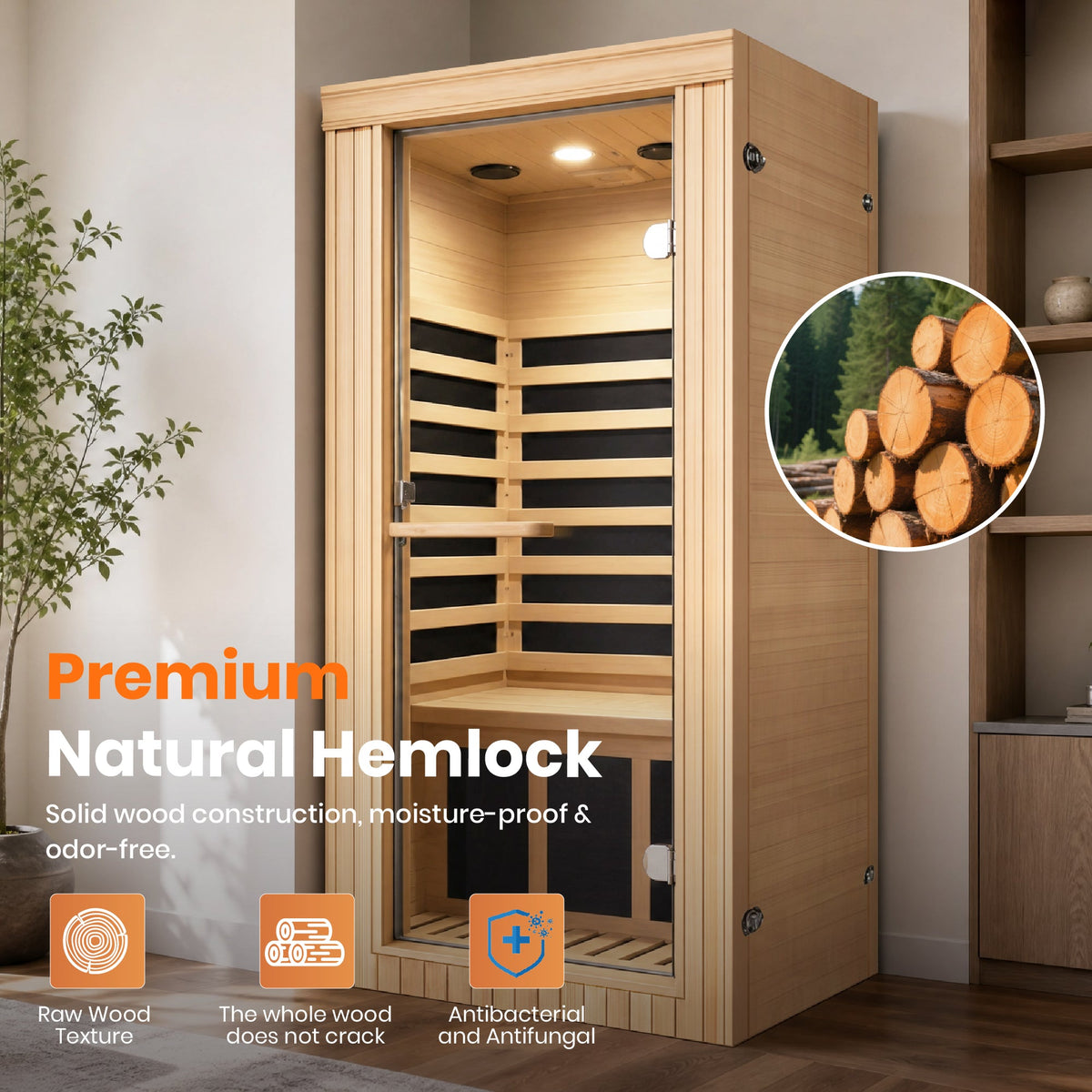 Canadian Hemlock Single-Person Far Infrared Sauna, 1020W