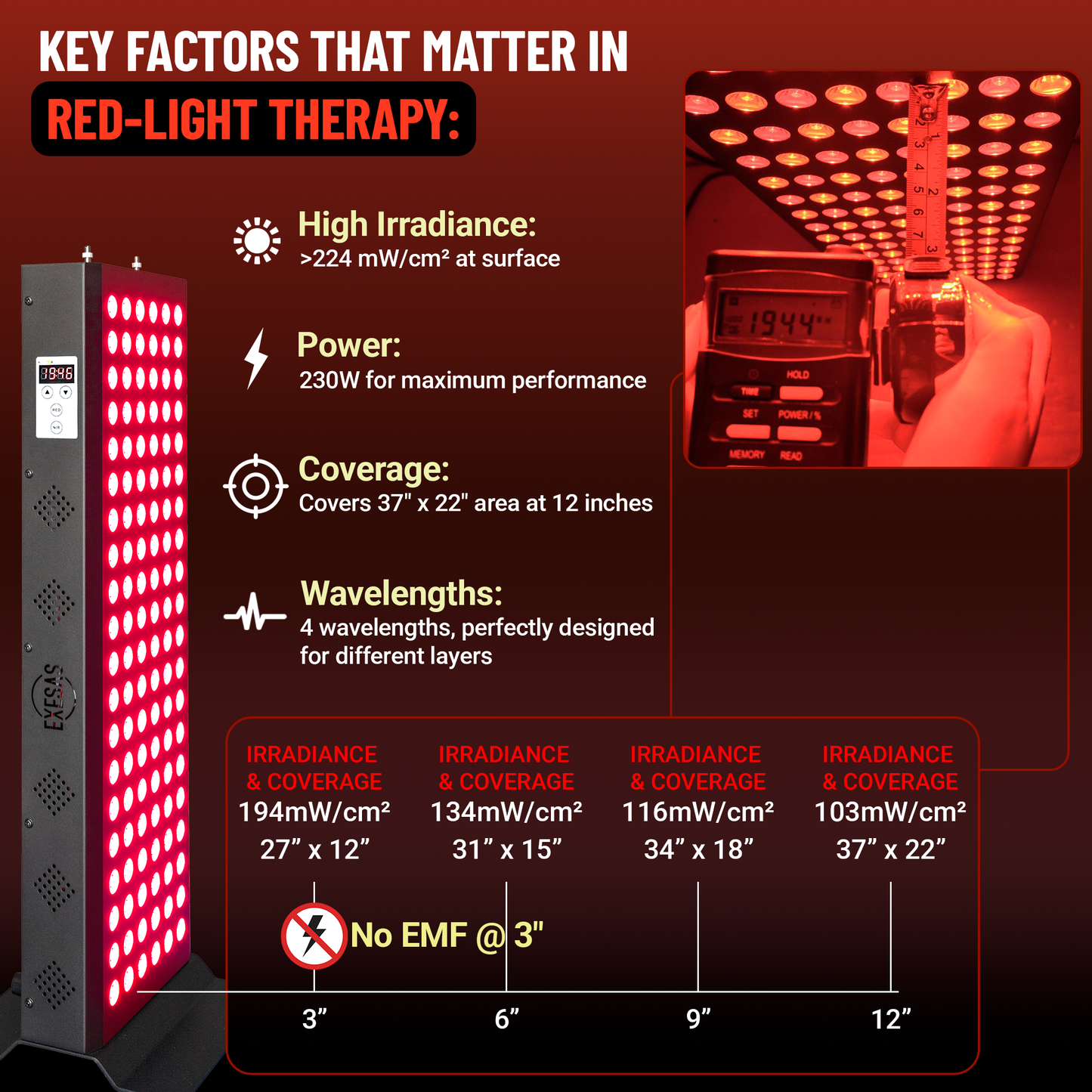 EXESAS 120 LED Red Light Therapy Panel – 600W Dual-Chip, 4 Wavelengths, 630nm 660nm 810nm 850nm, Linkable