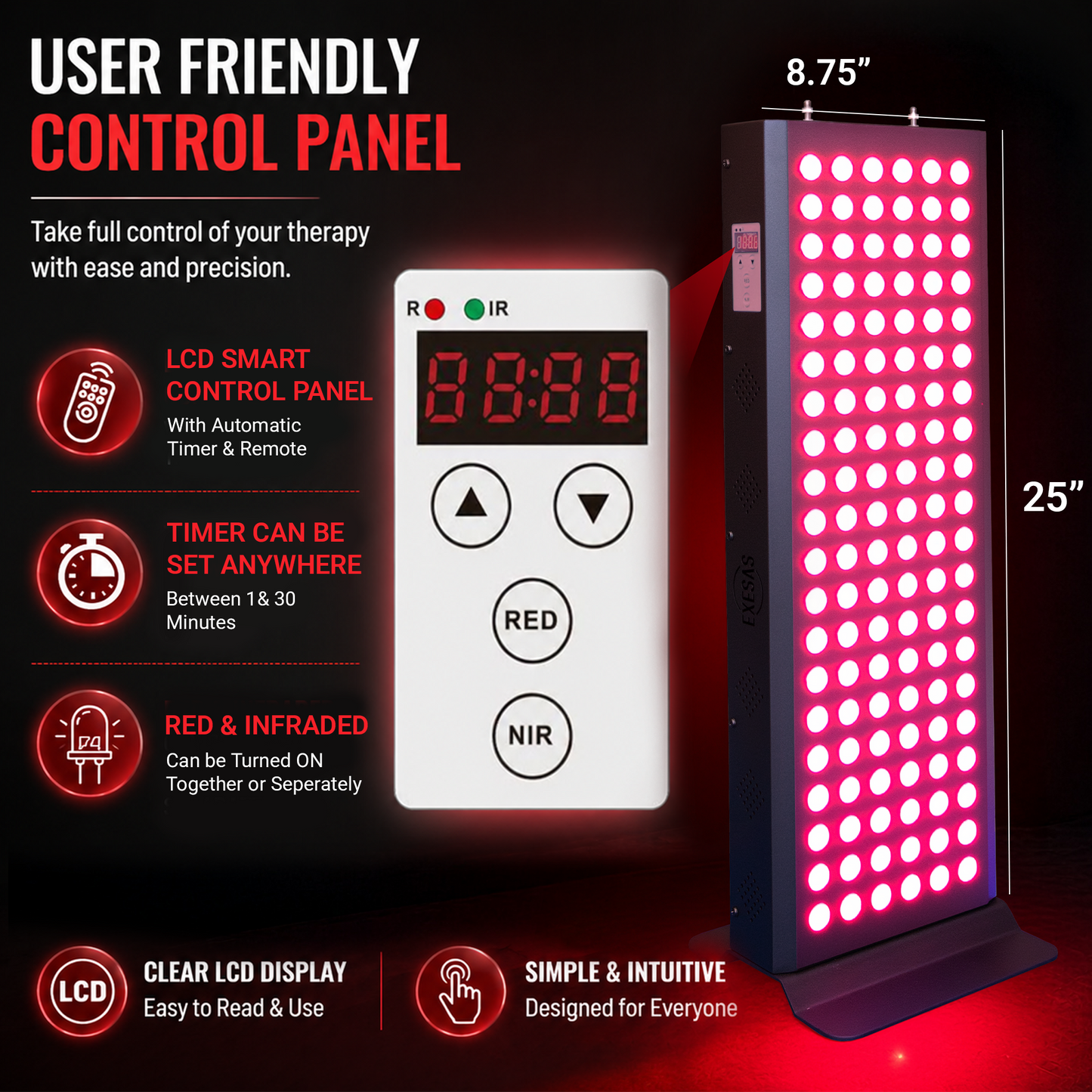 EXESAS 120 LED Red Light Therapy Panel – 600W Dual-Chip, 4 Wavelengths, 630nm 660nm 810nm 850nm, Linkable