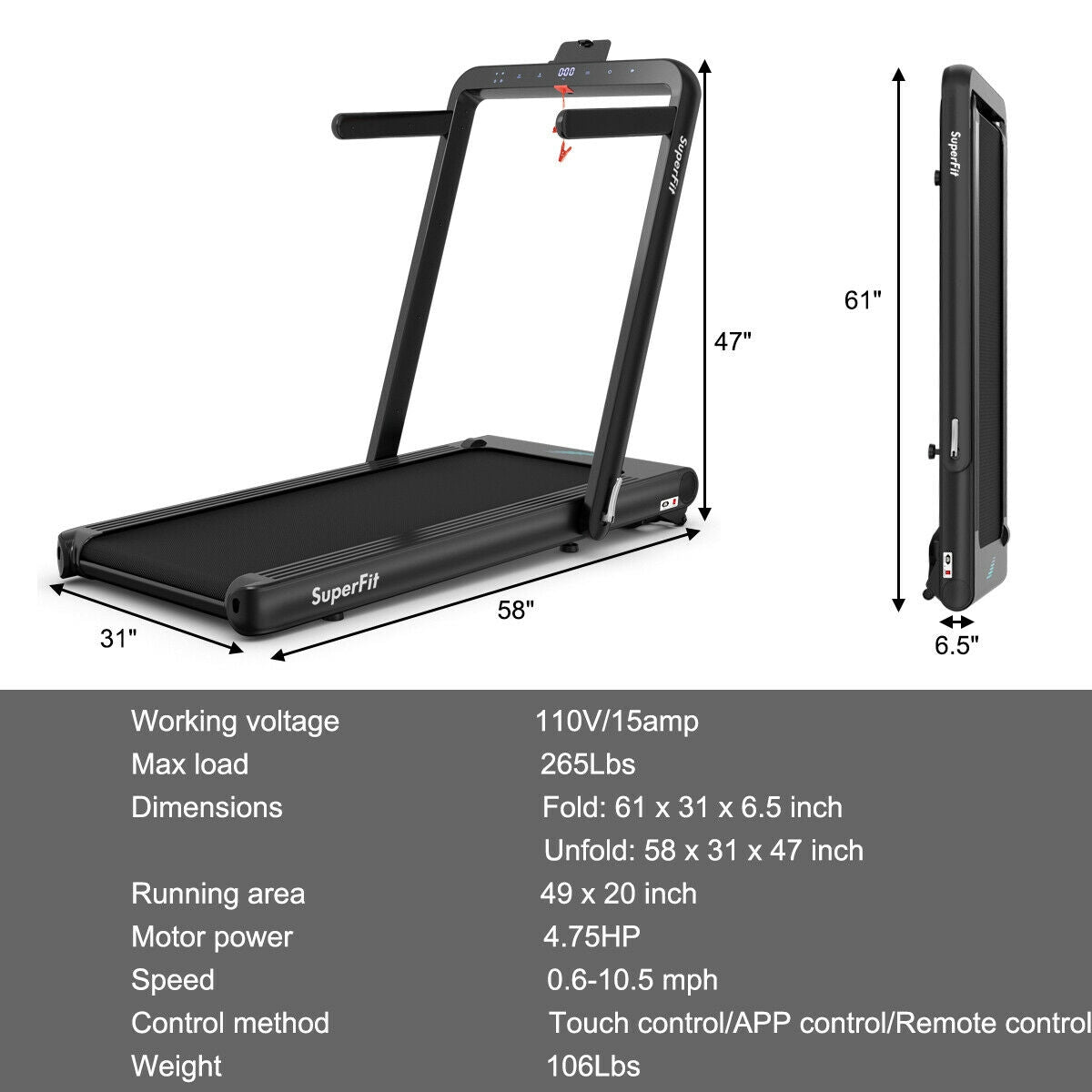 4.75HP 2-in-1 Folding Treadmill with Remote and App Control