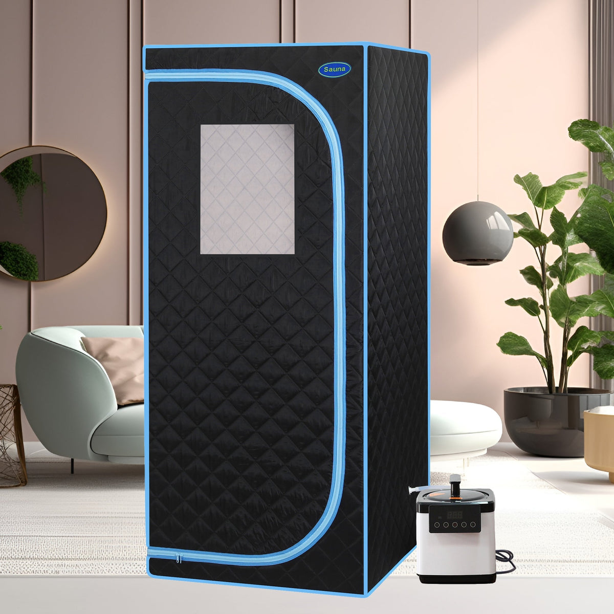 Portable Plus Full-Size Steam Sauna Tent, Black with Blue Trim