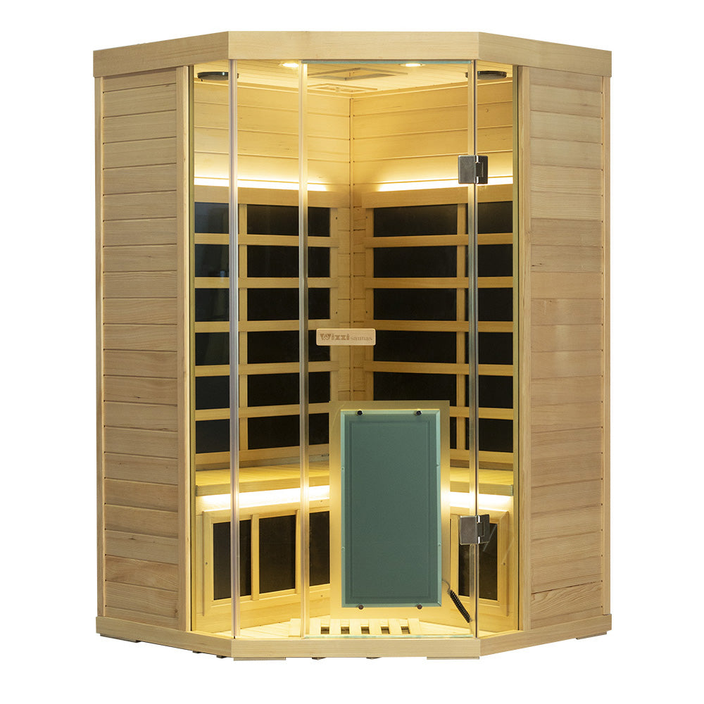 Corner Hemlock Full-Glass Sauna – Wizzisaunas SH07