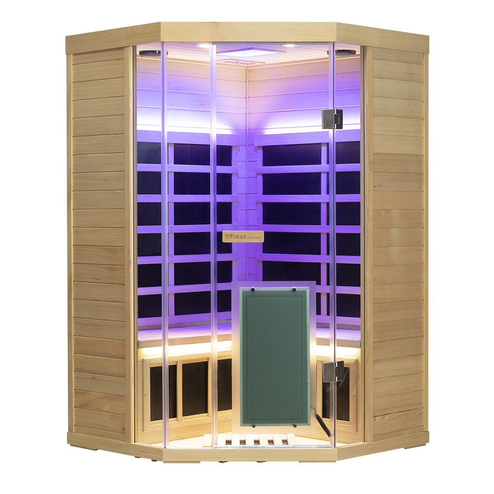 Corner Hemlock Full-Glass Sauna – Wizzisaunas SH07