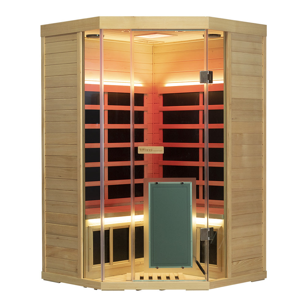 Corner Hemlock Full-Glass Sauna – Wizzisaunas SH07