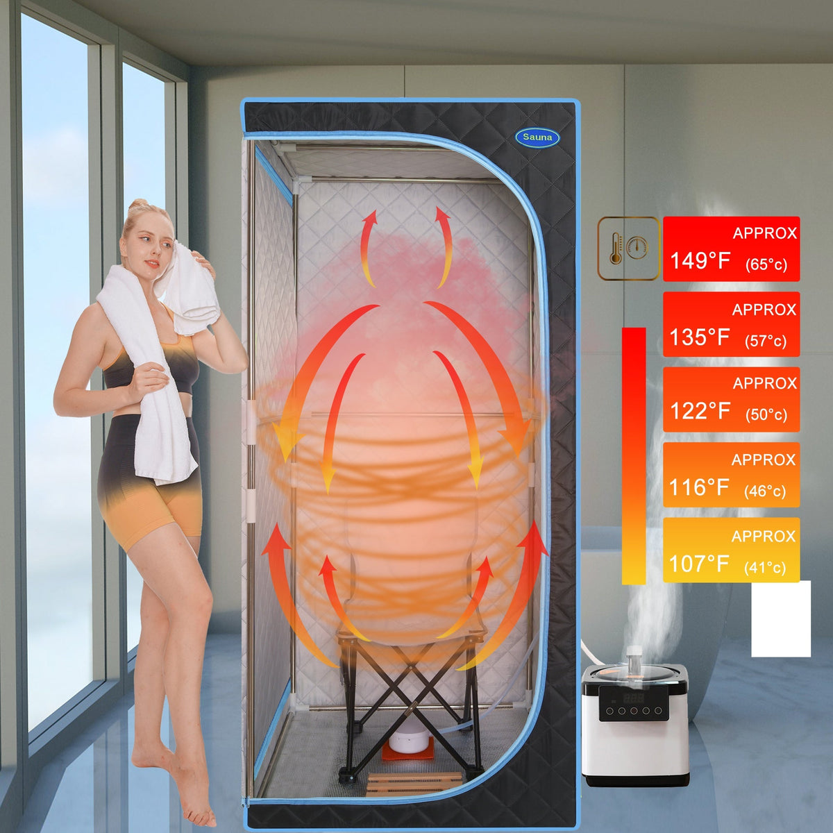 Portable Plus Full-Size Steam Sauna Tent, Black with Blue Trim