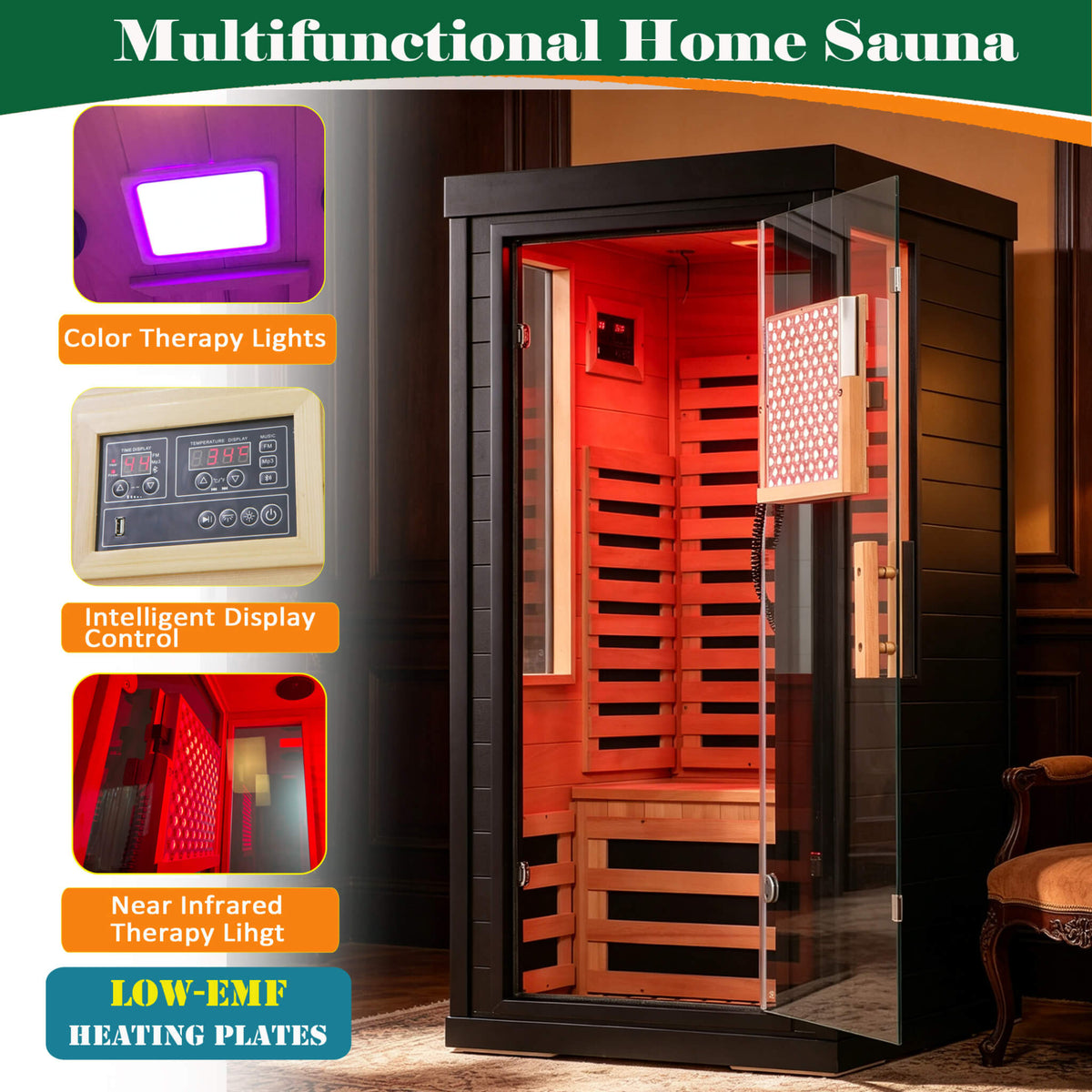 2-Person Indoor Infrared Sauna with Red Light Lamp