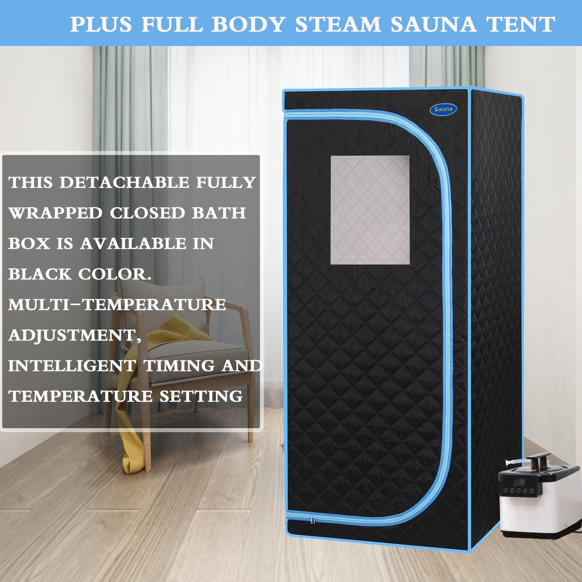 Portable Plus Full-Size Steam Sauna Tent, Black with Blue Trim
