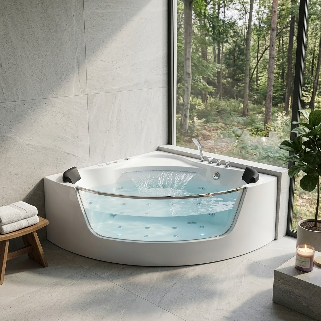 59" Corner Whirlpool Bathtub – 2-Person Hydro Massage Tub with Jets & LED Lighting