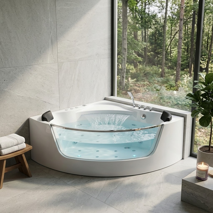 59" Corner Whirlpool Bathtub – 2-Person Hydro Massage Tub with Jets & LED Lighting