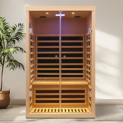Luxury Indoor Hemlock Infrared Sauna Room with Double Doors and Glass for Two Persons