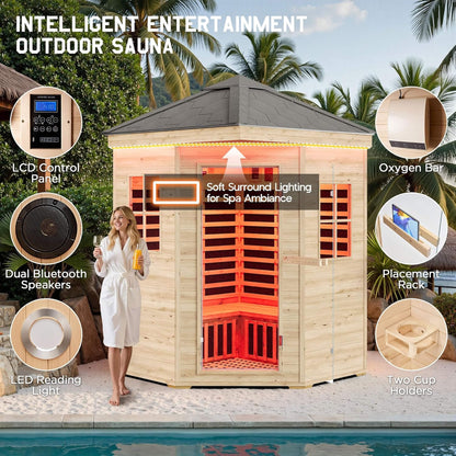Thermora Monaco 4-Person Low EMF Spruce Wood Outdoor Infrared Sauna With Bluetooth Speakers And LED Lights (SAK16270)