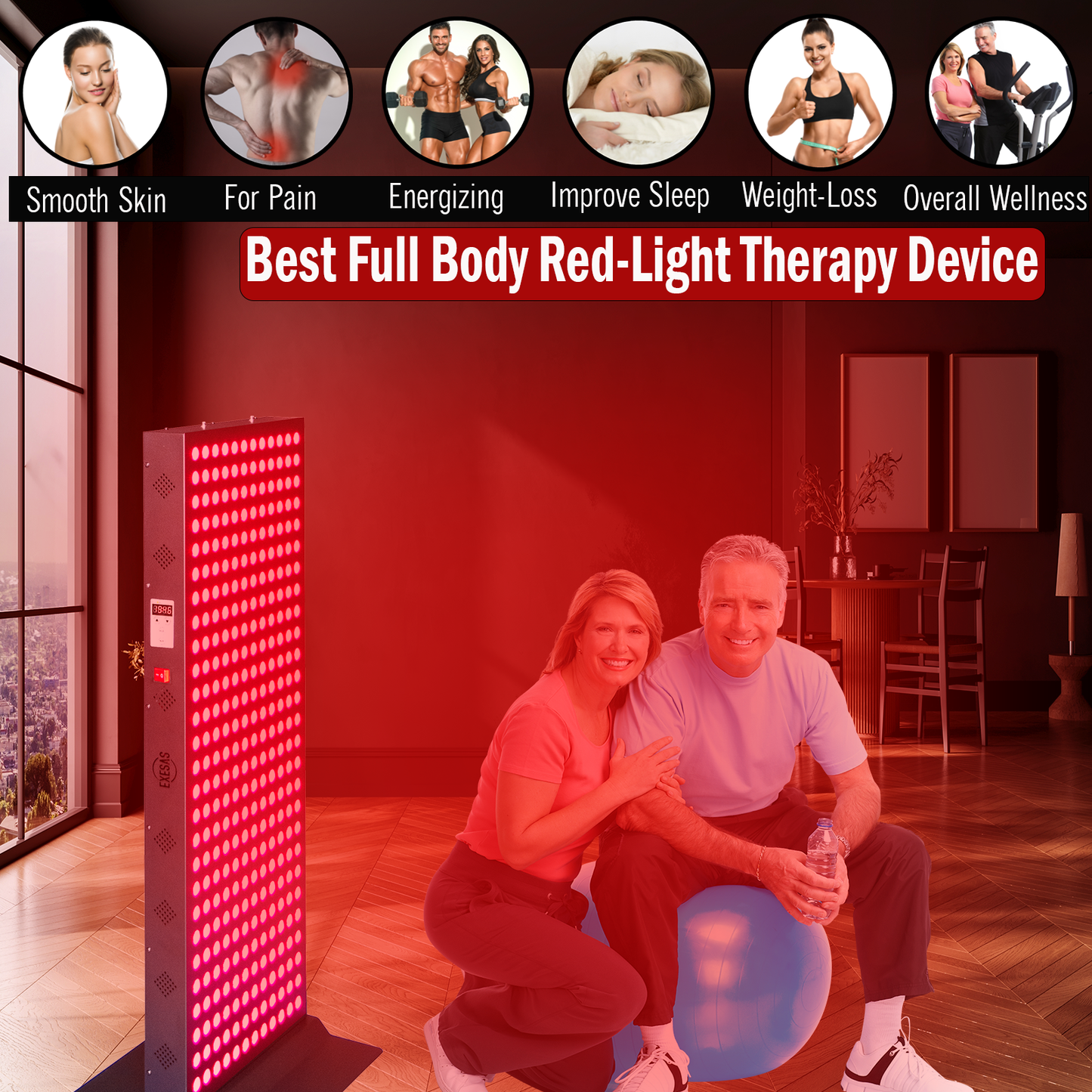 EXESAS 324 LED Red Light Therapy Panel – 1620W Dual-Chip, 4 Wavelengths, 41×15" Panel, Remote & Linkable