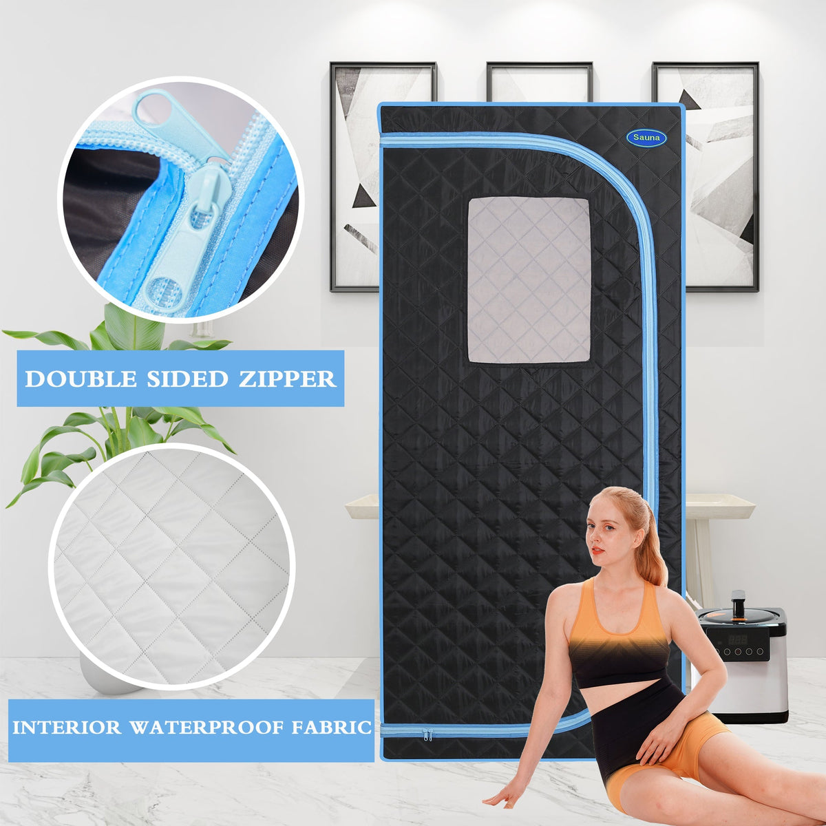 Portable Plus Full-Size Steam Sauna Tent, Black with Blue Trim