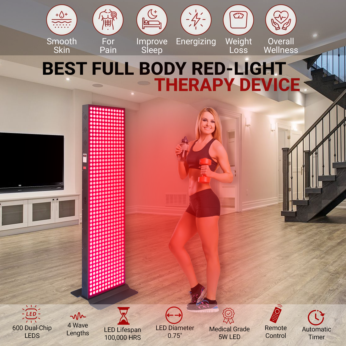 EXESAS 600 LED Full-Body Red Light Therapy Panel – 3000W Dual-Chip, 4 Wavelengths, 60×15" Panel, Remote