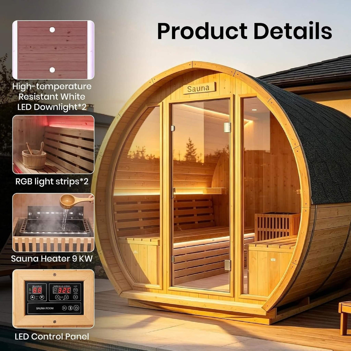 Varenna Outdoor Spruce Barrel Sauna, 4–6 Person, 9 kW