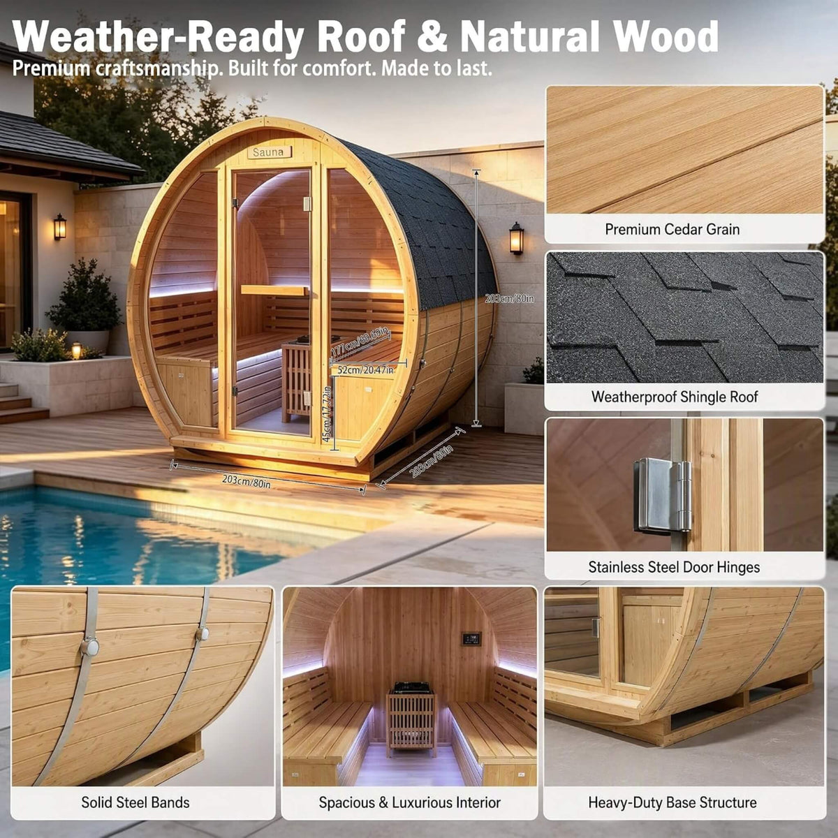 Varenna Outdoor Spruce Barrel Sauna, 4–6 Person, 9 kW