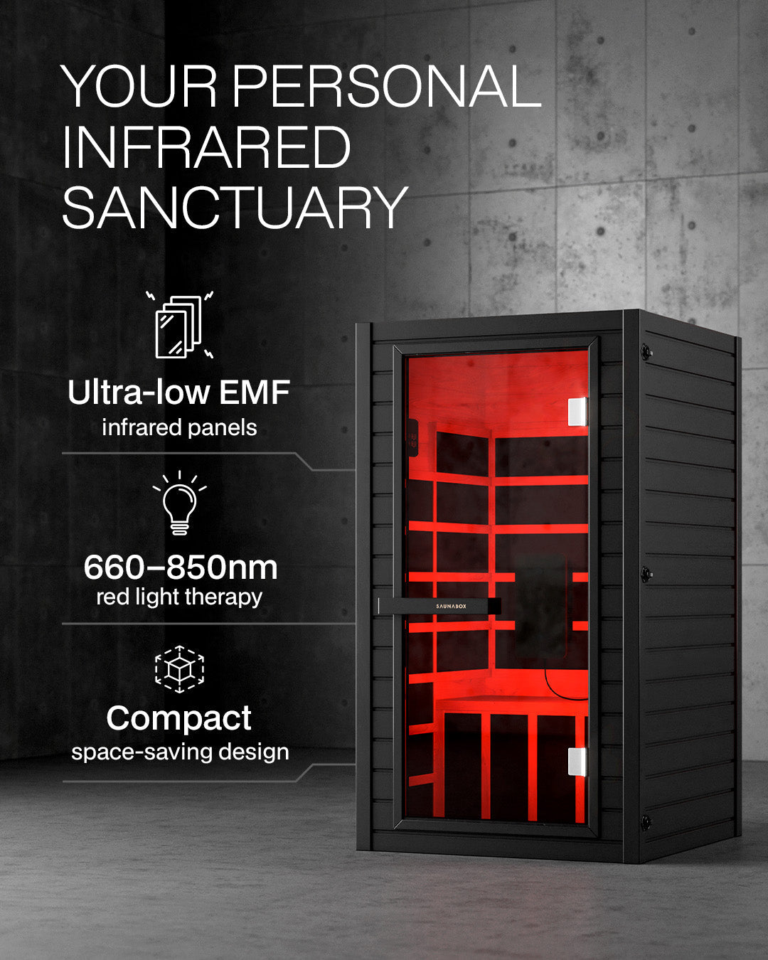 SaunaBox® Solara: 1-Person Full Spectrum Infrared Sauna