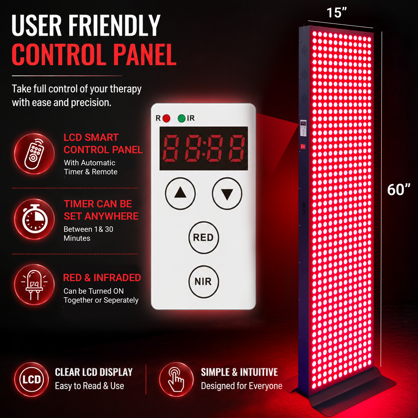 EXESAS 600 LED Full-Body Red Light Therapy Panel – 3000W Dual-Chip, 4 Wavelengths, 60×15" Panel, Remote