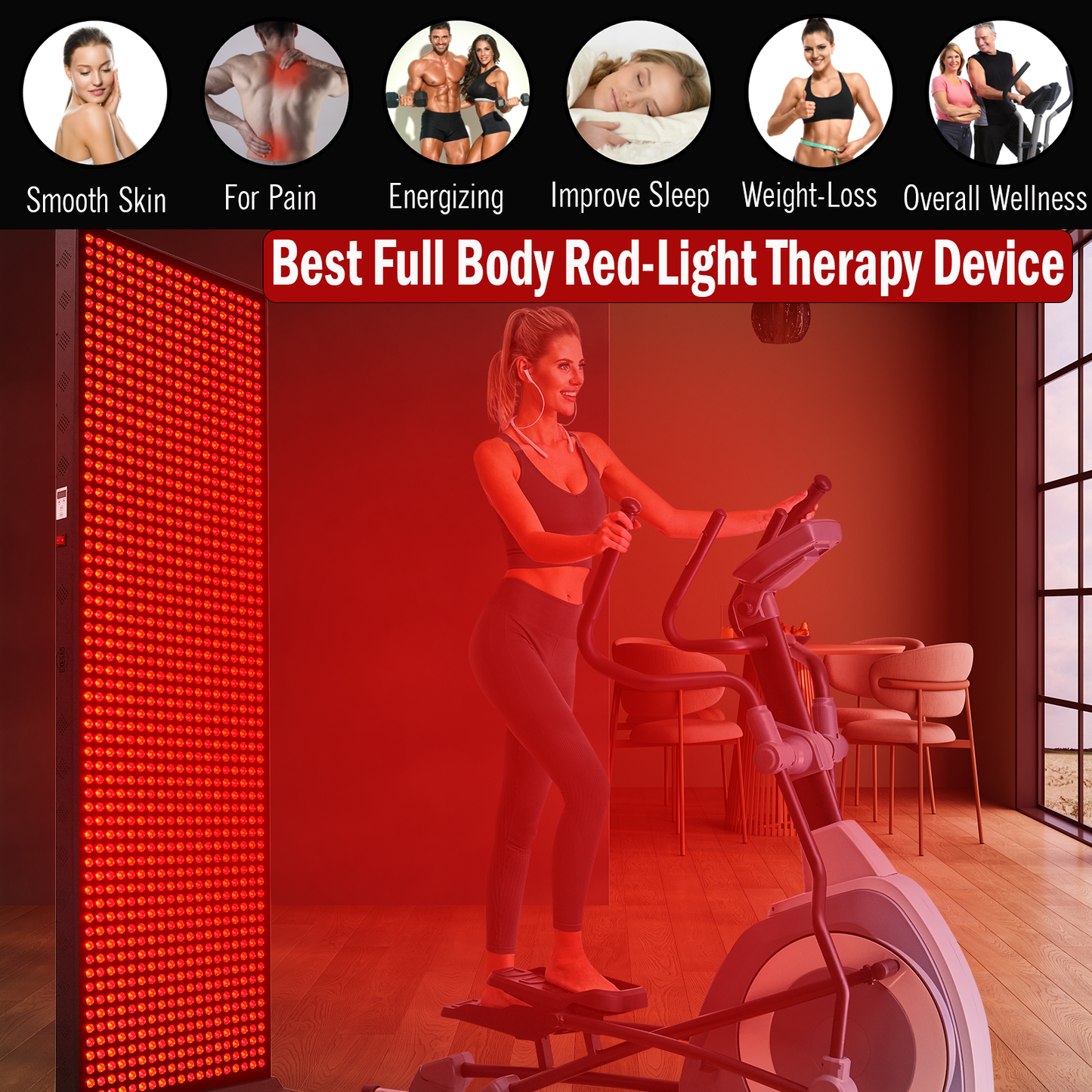 EXESAS 1216 LED Full-Body Red Light Therapy Panel – 6080W Dual-Chip, 4 Wavelengths, 75×22" Panel, Remote