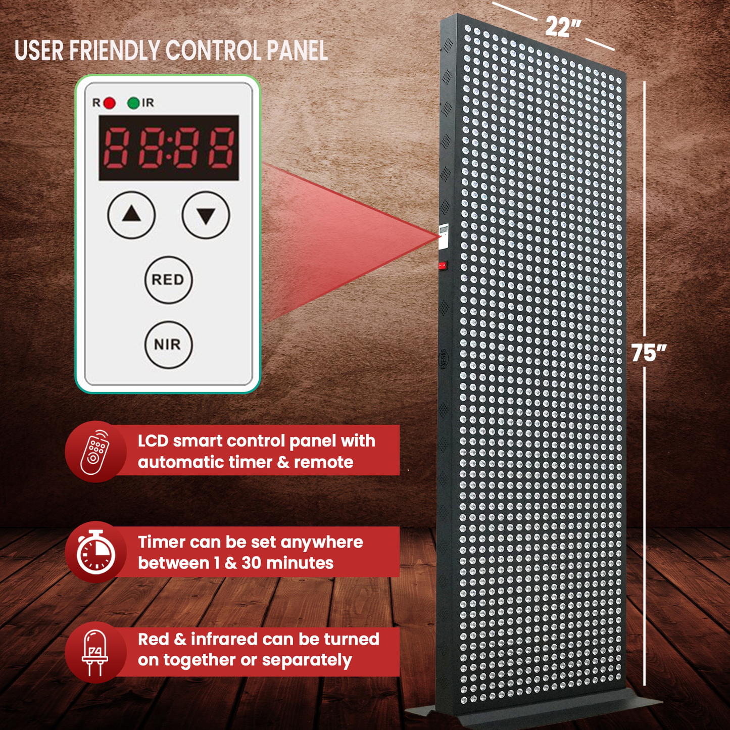 EXESAS 1216 LED Full-Body Red Light Therapy Panel – 6080W Dual-Chip, 4 Wavelengths, 75×22" Panel, Remote