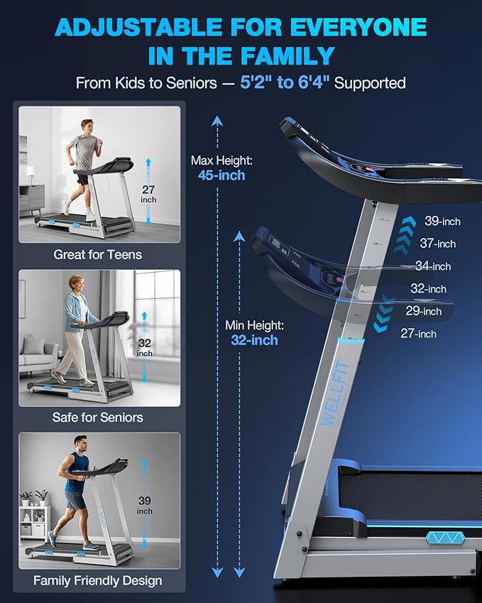 WELLFIT Folding Treadmill with Auto Incline & Adjustable Handlebar