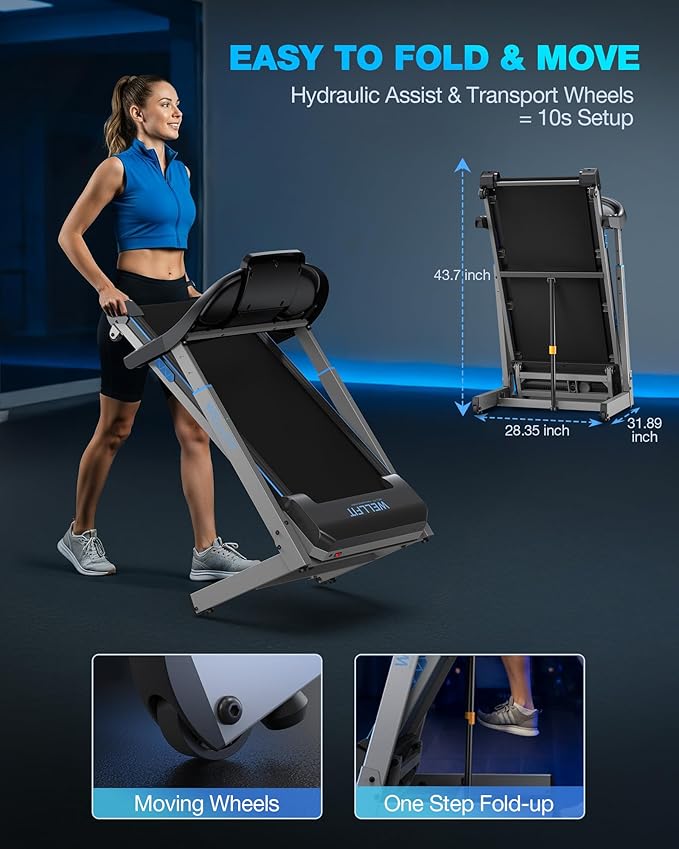 WELLFIT Folding Treadmill with Auto Incline & Adjustable Handlebar