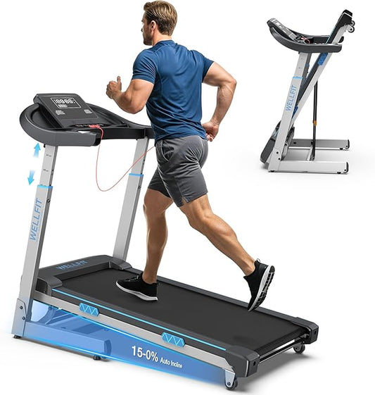 WELLFIT Folding Treadmill with Auto Incline & Adjustable Handlebar