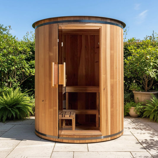 Thermora Barcelona 4-Person Cedar Wood Outdoor Barrel Sauna | 6KW Heater, LED Lights & Stones