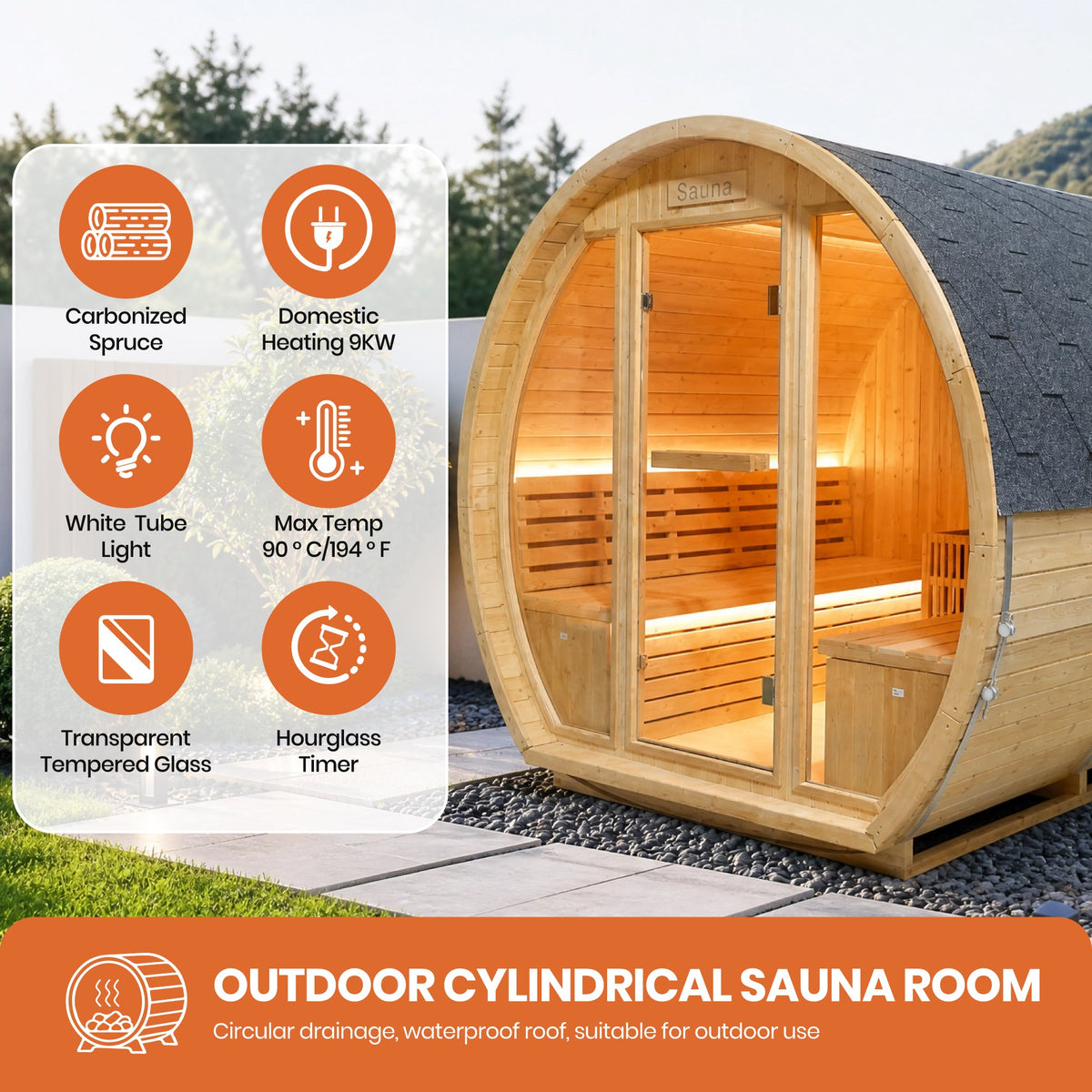 Finnish Carbonized Spruce Outdoor Sauna Room, 4–6 Person, 9000W