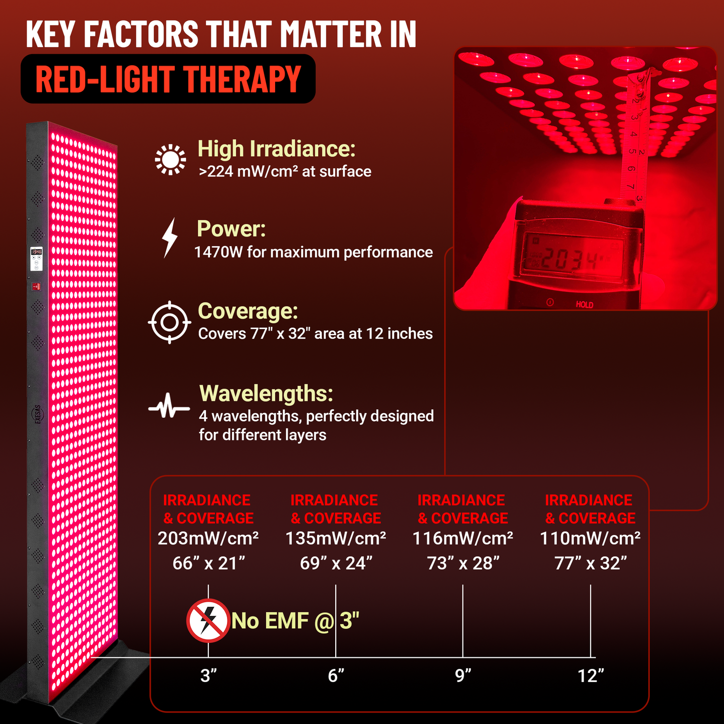 EXESAS 800 LED Full-Body Red Light Therapy Panel – 4000W Dual-Chip, 4 Wavelengths, 65" Panel, Remote Control