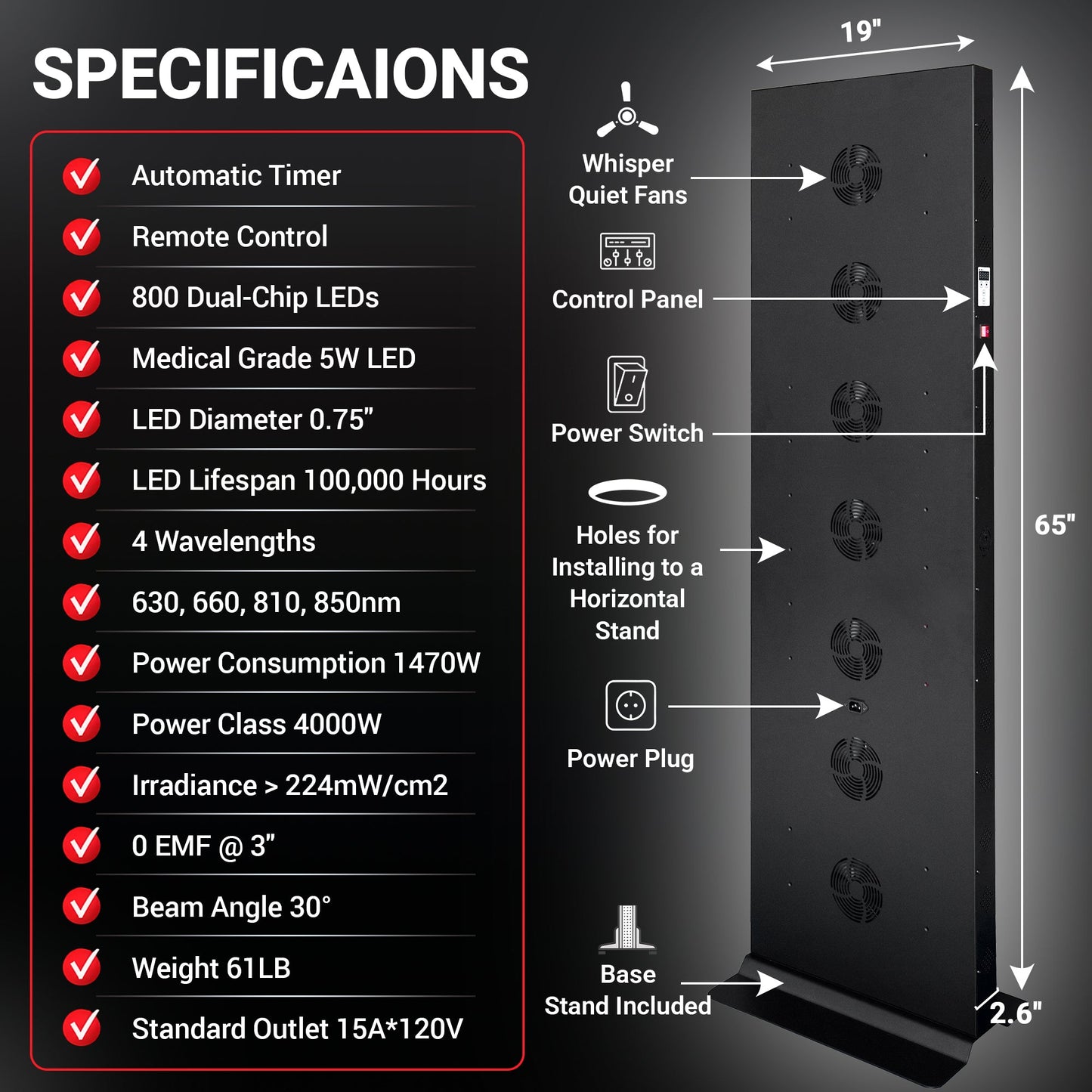 EXESAS 800 LED Full-Body Red Light Therapy Panel – 4000W Dual-Chip, 4 Wavelengths, 65" Panel, Remote Control